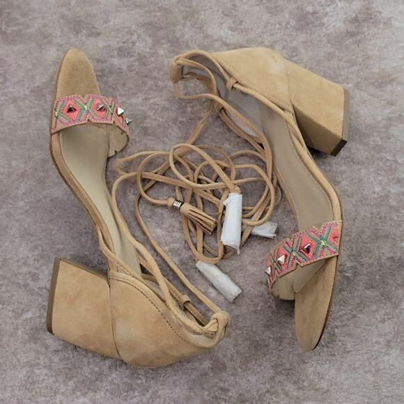Botkier Penelope Tan Suede Embroidered Ankle Lace Up Heeled Sandals NEW Womens 8 - Picture 4 of 10